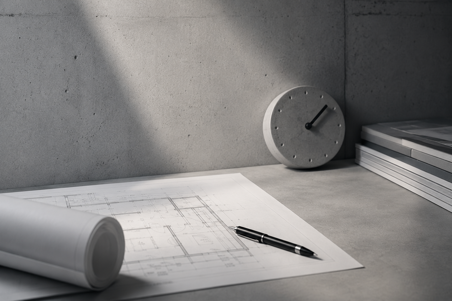 Graue Architekturplanung mit Bauplan und Uhr als Symbol für Baubewilligung, Vorbereitung und die Zeit vor dem Baustart.