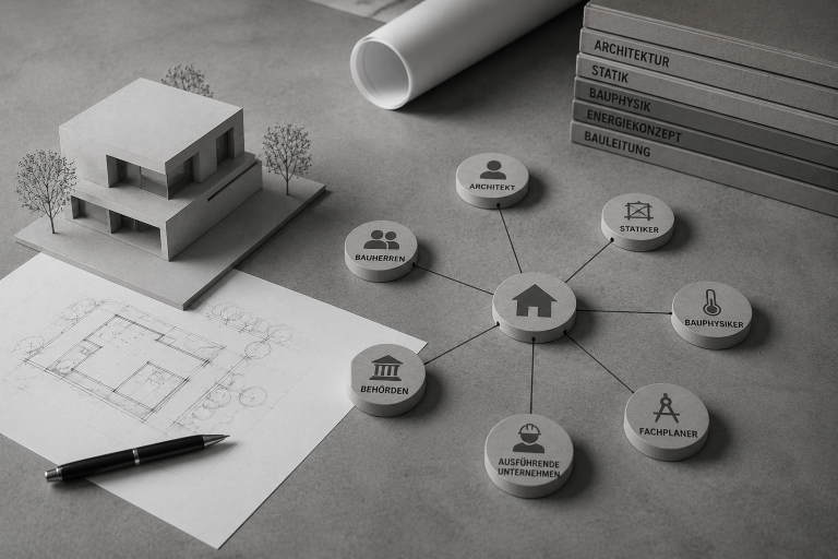 Graue Architekturplanung mit Modellhaus und vernetzten Projektbeteiligten als Symbol für Koordination und Bauprojektmanagement beim Hausbau.