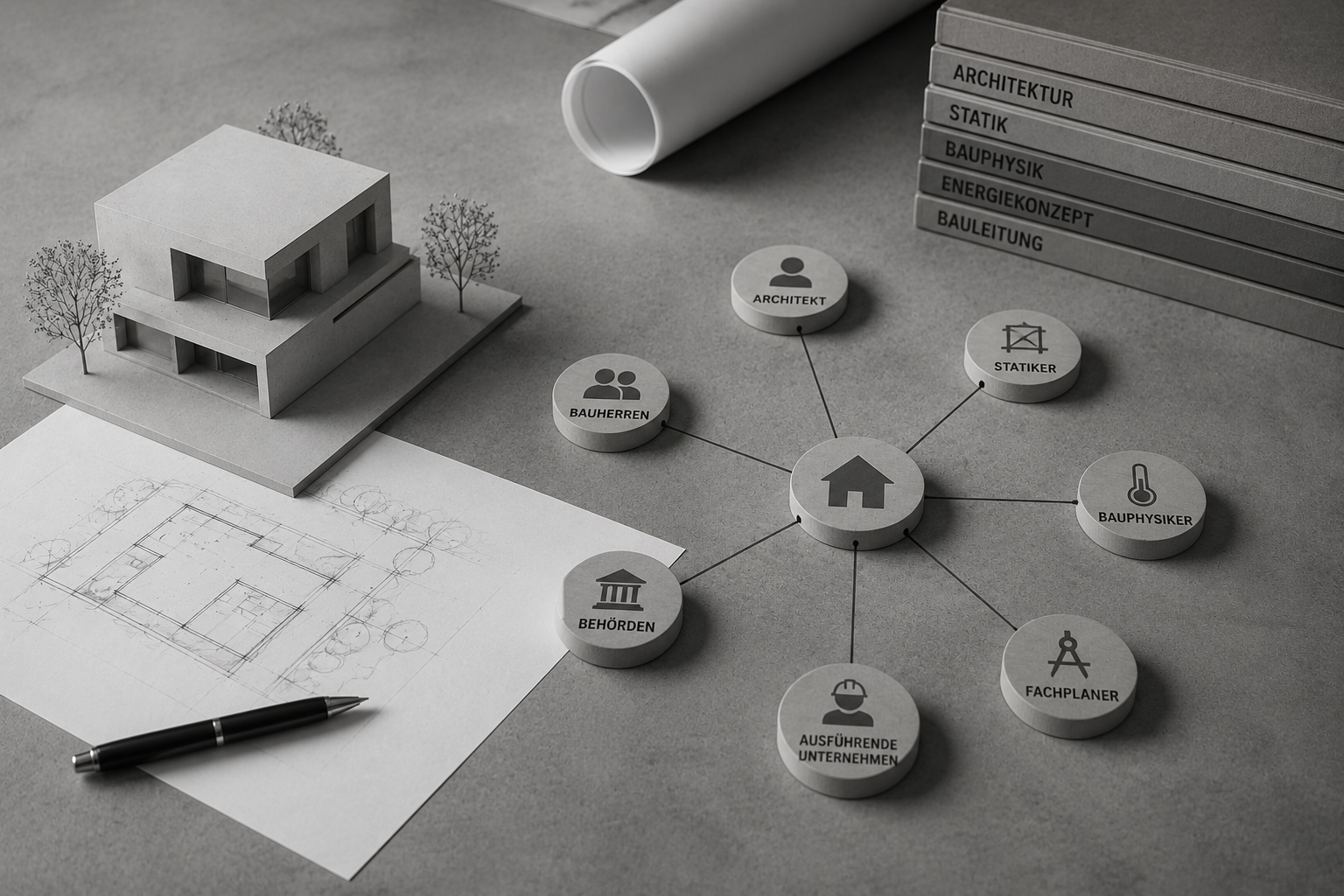 Graue Architekturplanung mit Modellhaus und vernetzten Projektbeteiligten als Symbol für Koordination und Bauprojektmanagement beim Hausbau.