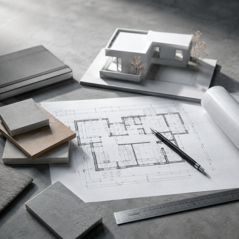 Architekturplan mit Hausmodell, Materialmustern und Werkzeugen als Symbol für gute Planung, bewusste Entscheidungen und einfacheres Bauen.
